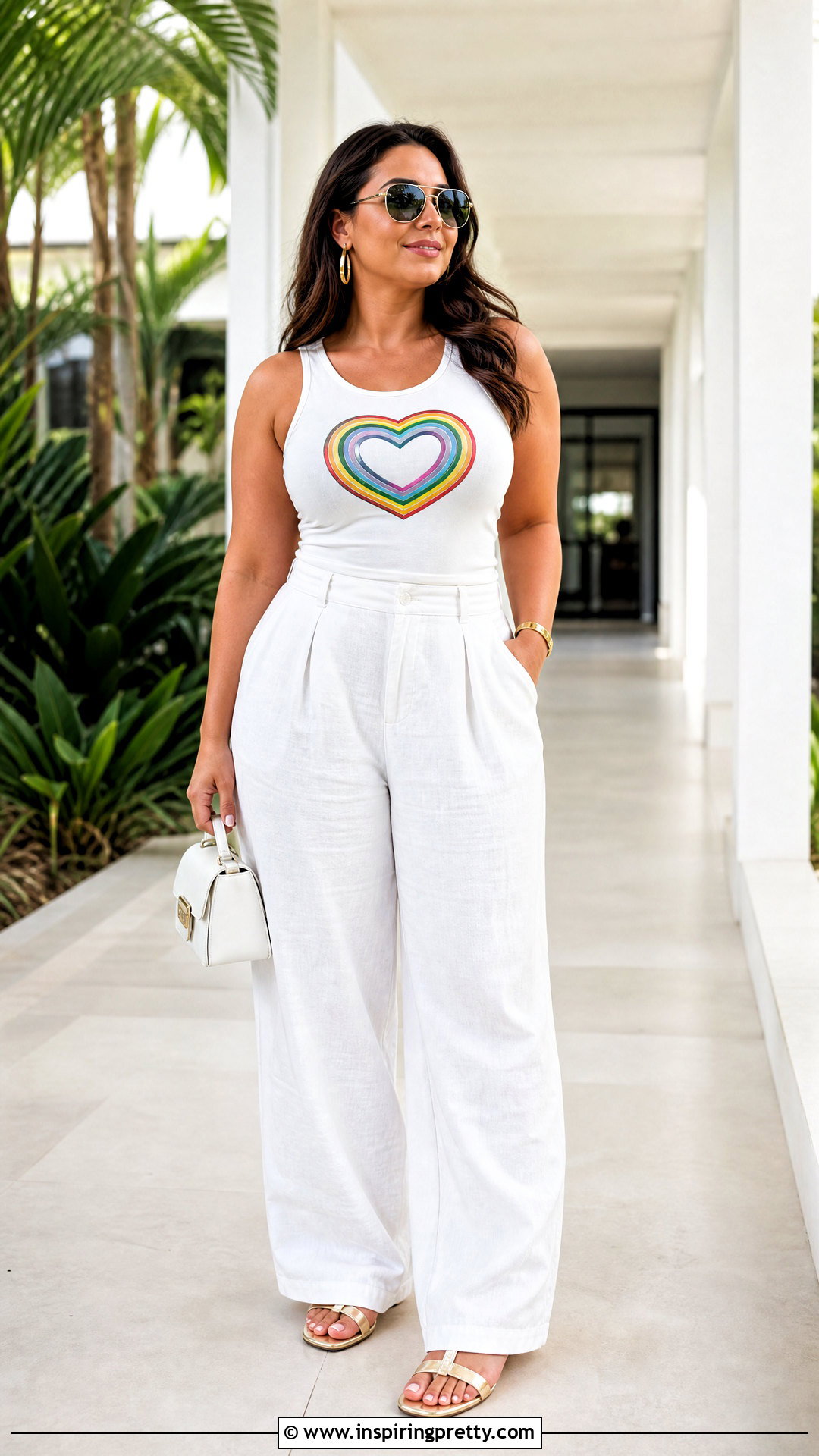 Colorful Heart Tank Top With White Wide Leg Pants - 20 colorful heart tank top outfit ideas