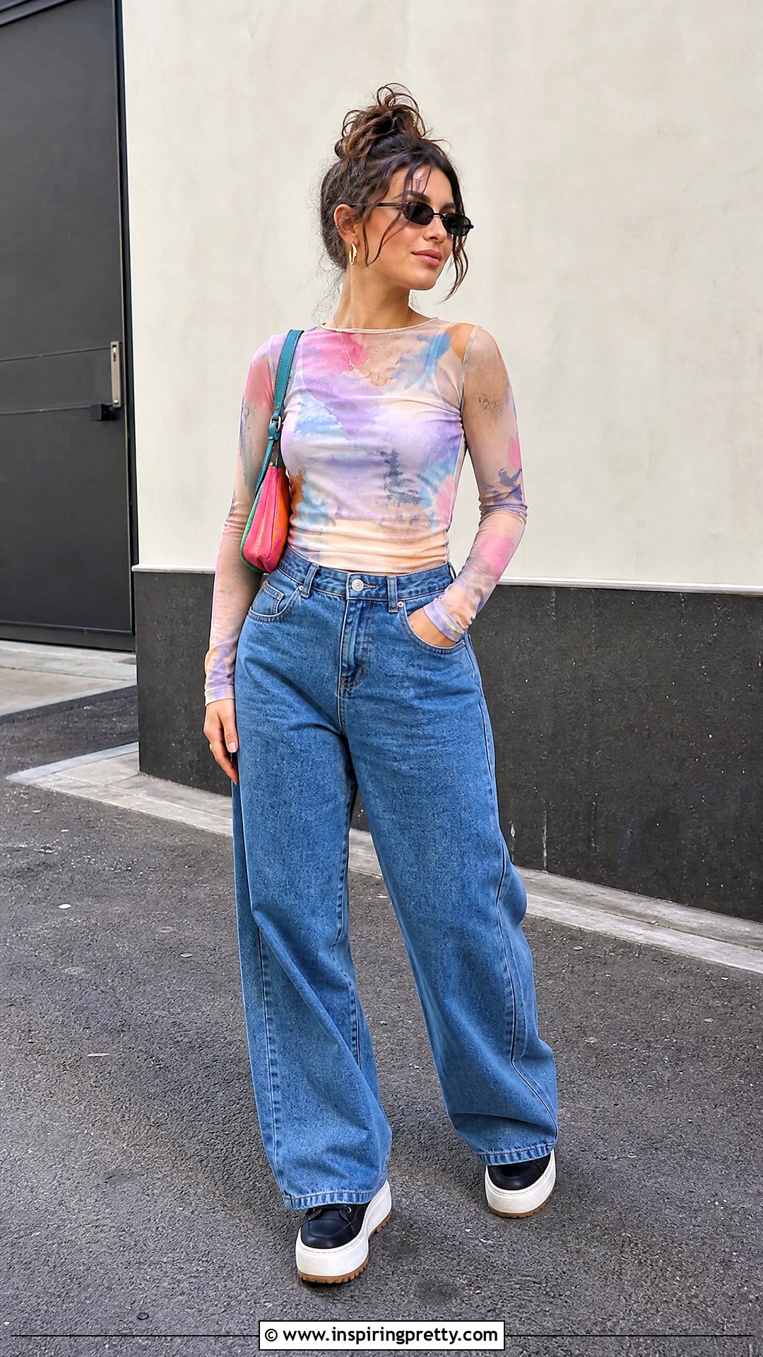 Colorful Long Sleeve Mesh Top With Baggy Jeans - 20 Mesh Top Longsleeve Outfit ideas