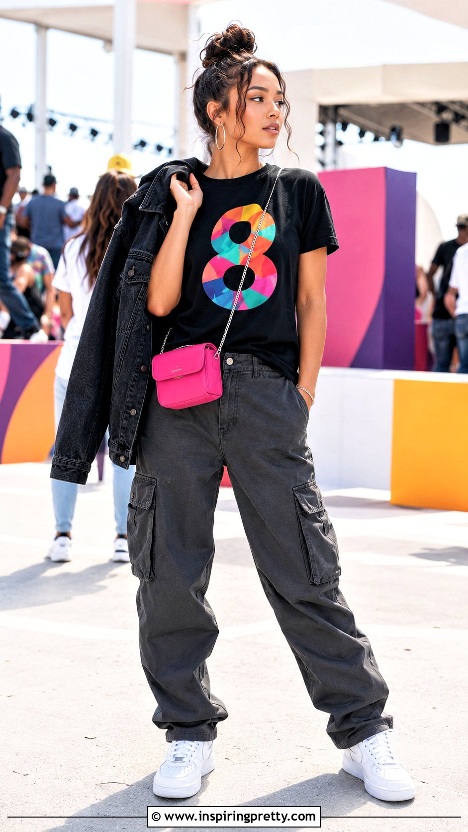 Colorful Number Tee With Black Cargo Pants - 50 shein tops codes