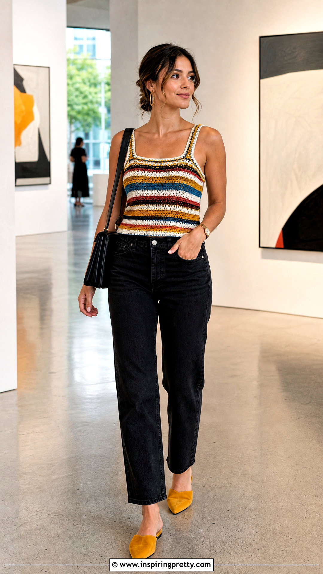 Colorful Striped Crochet Tank Top With Black Jeans - 20 colorful striped crochet tank top outfit ideas