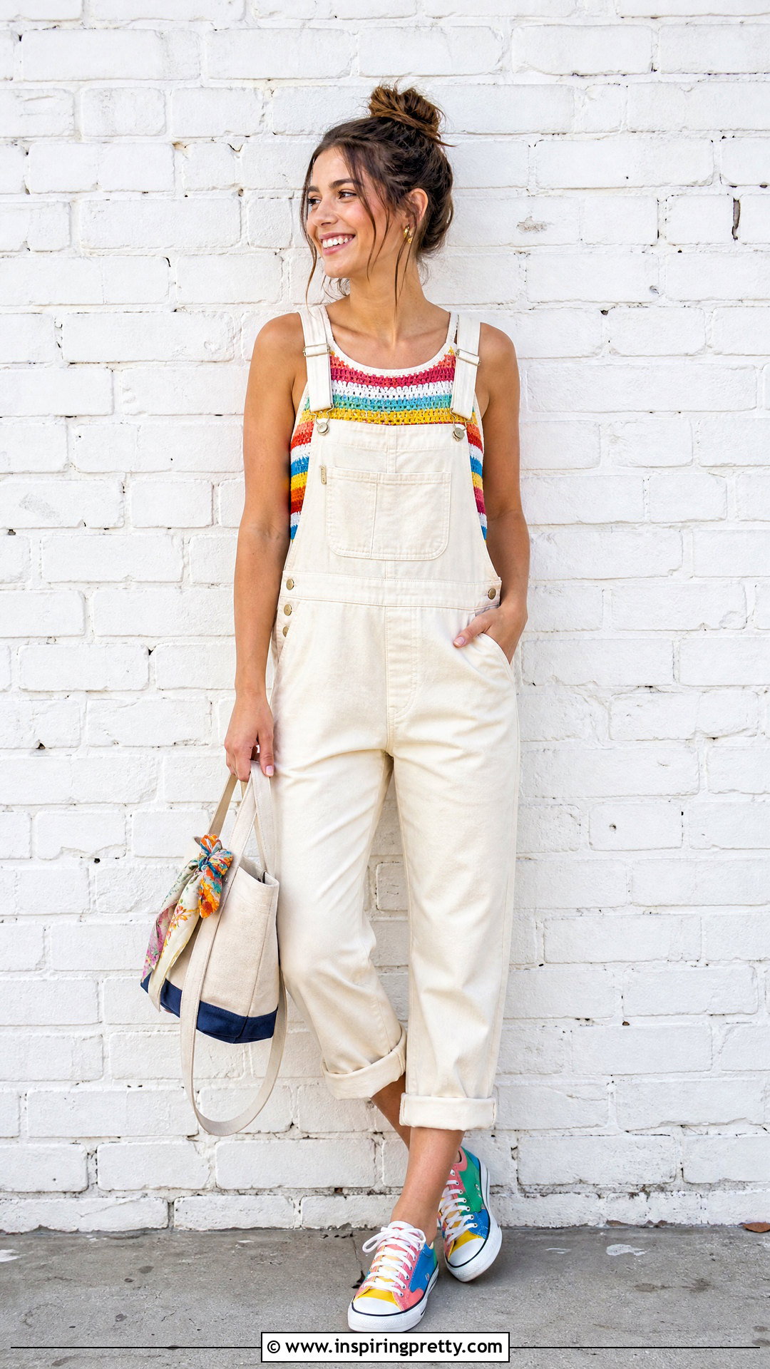 Colorful Striped Crochet Tank Top With Cream Overalls - 20 colorful striped crochet tank top outfit ideas