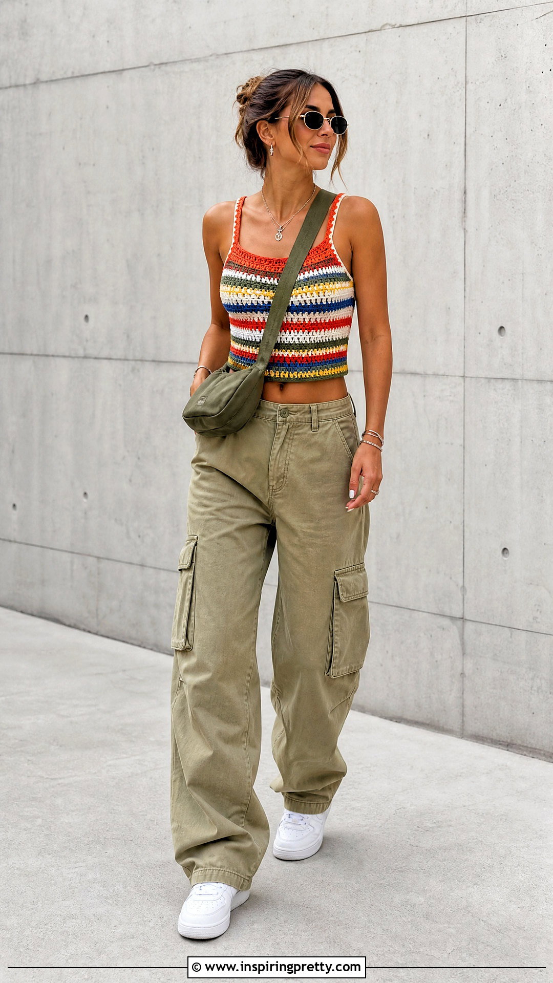 Colorful Striped Crochet Tank Top With Khaki Cargo Pants - 20 colorful striped crochet tank top outfit ideas