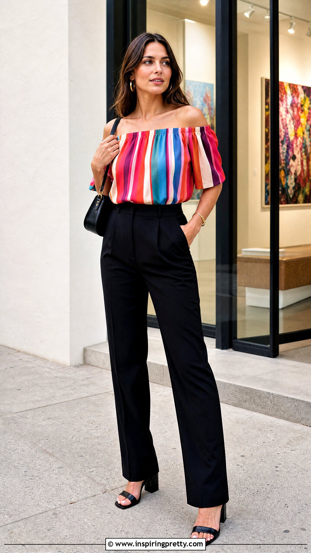 Colorful Striped Off Shoulder Top With Black Trousers - 20 colorful striped off-shoulder top outfit ideas