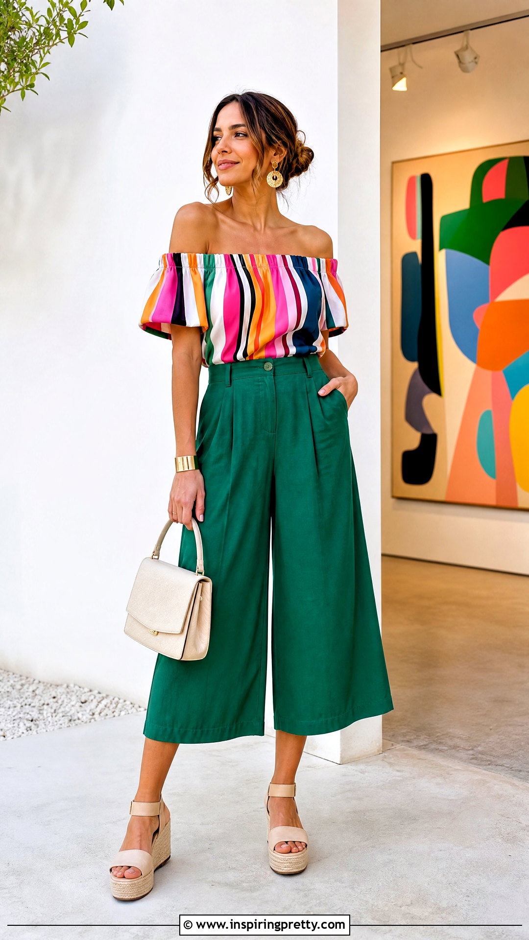 Colorful Striped Off Shoulder Top With Green Culottes - 20 colorful striped off-shoulder top outfit ideas