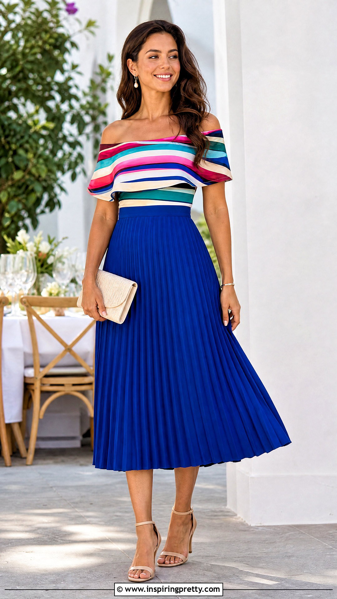 Colorful Striped Off Shoulder Top With Pleated Midi Skirt - 20 colorful striped off-shoulder top outfit ideas