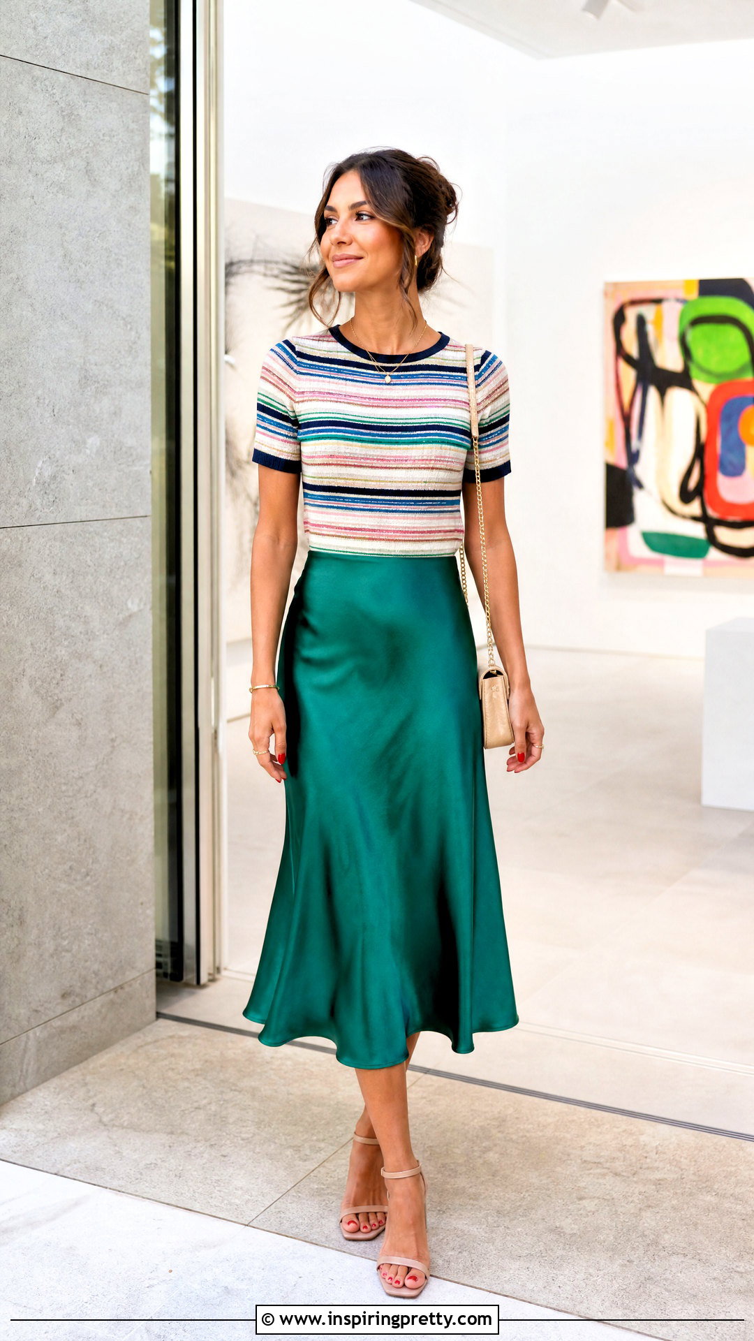Colorful Striped Summer Top With a Satin Midi Skirt - 20 Colorful Striped Summer Top outfit ideas