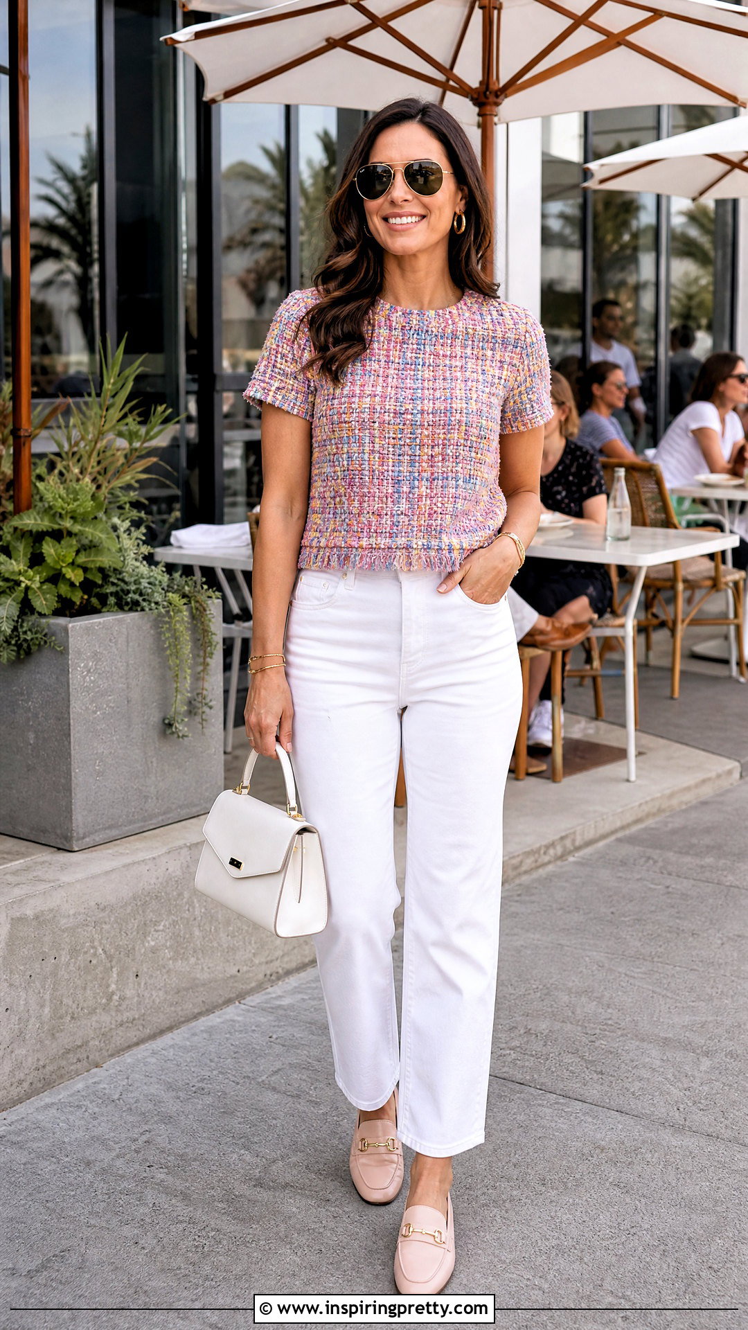 Colorful Tweed Top With White Jeans - 50 tweed top outfit ideas