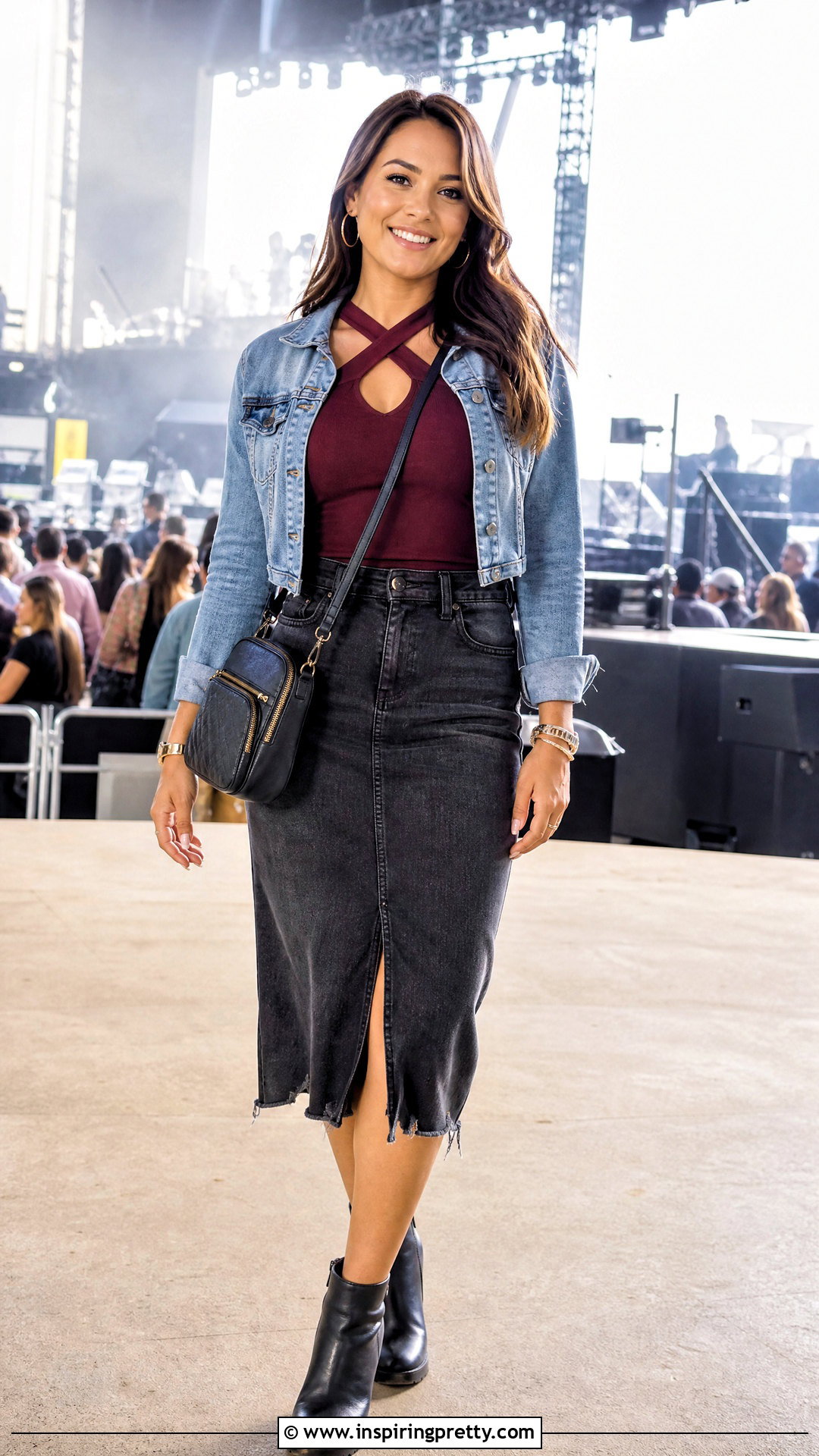 Concert Cross Top With Denim Skirt - 50 cross top outfit ideas