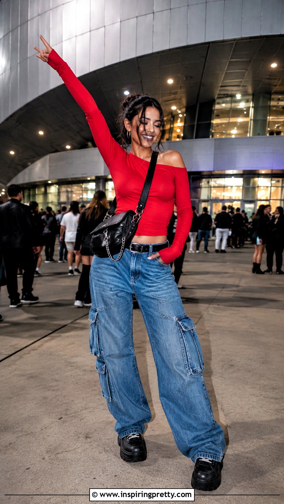 Concert Long Sleeve Off Shoulder Top With Cargo Jeans - 50 long sleeve off shoulder top outfit ideas
