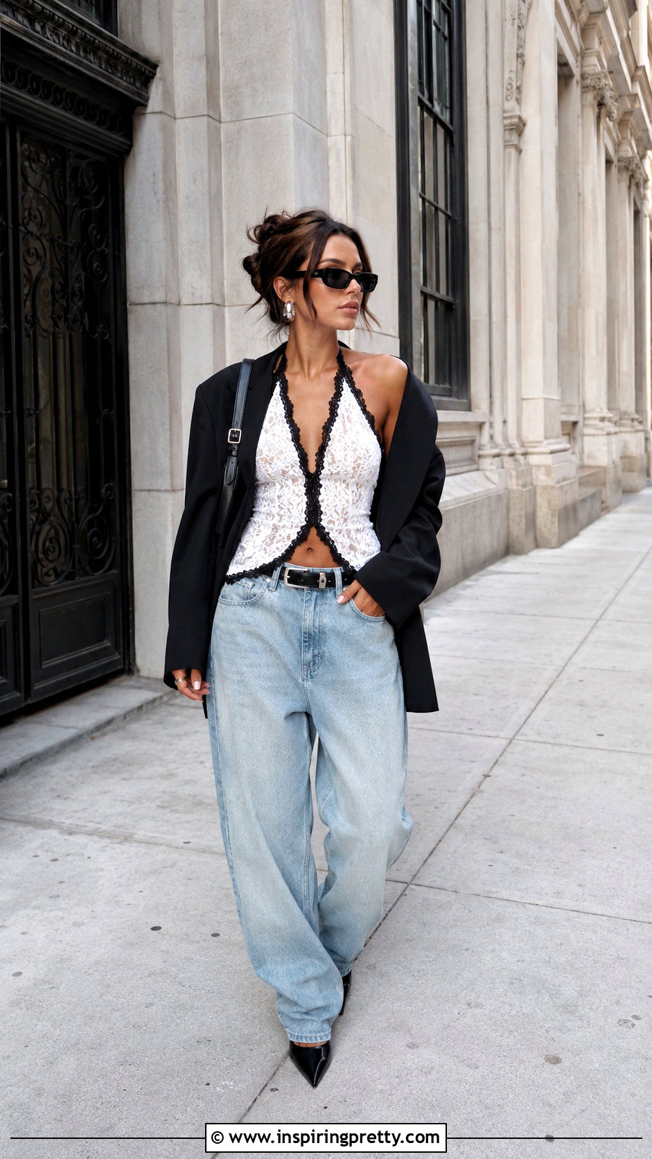 Contrast Lace Halter Top With Baggy Jeans - 25 contrast lace halter top outfit ideas
