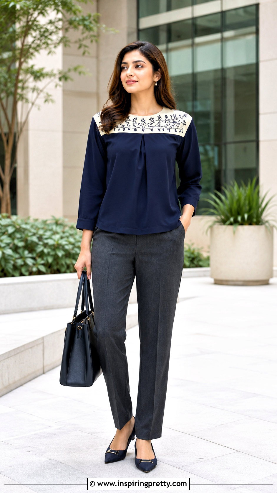 Contrast Yoke Top With Dark Trousers - 25 best tops for narrow shoulders