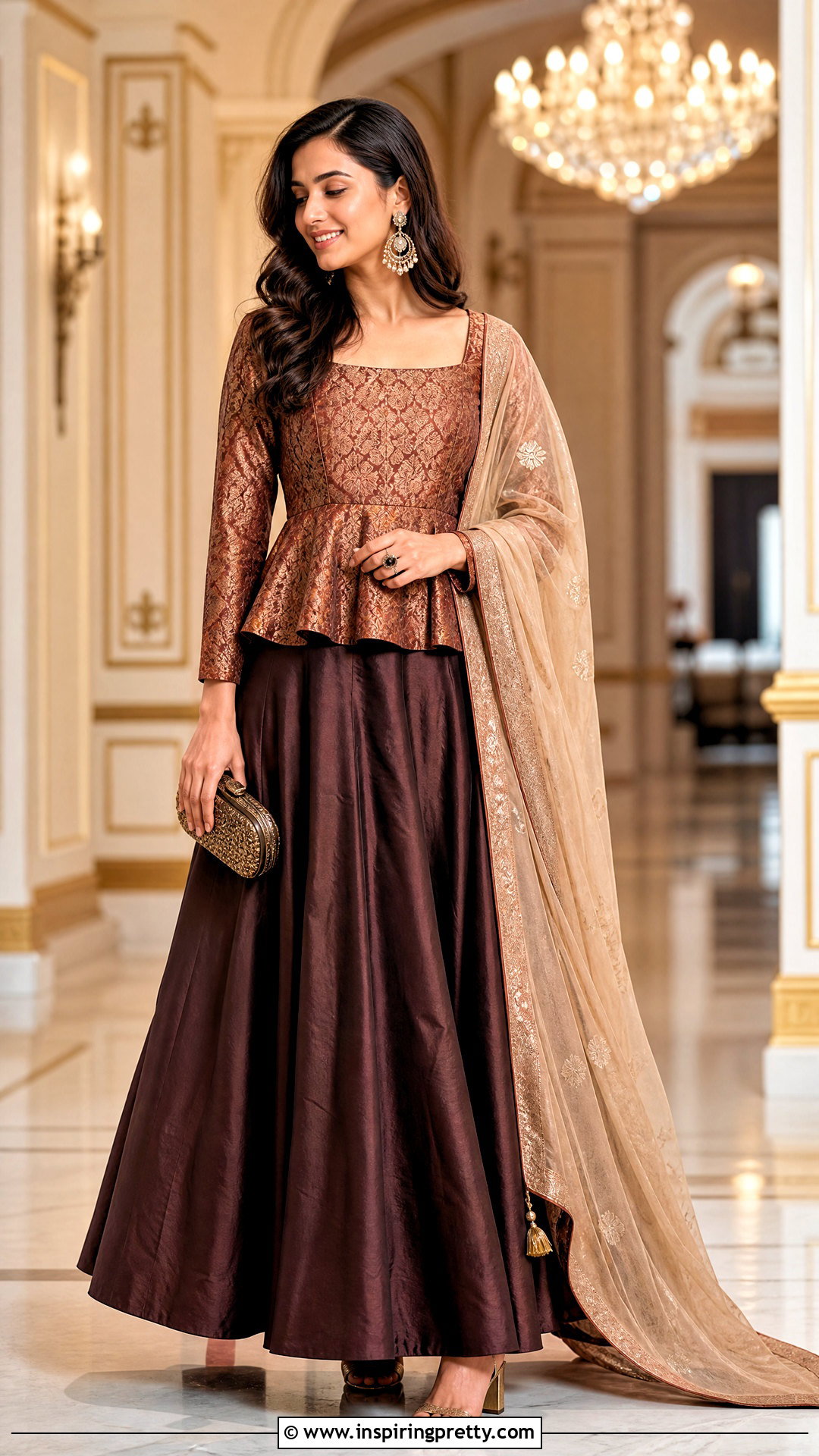 Copper Indian Peplum Top With Brown Lehenga - 50 indian peplum top outfits