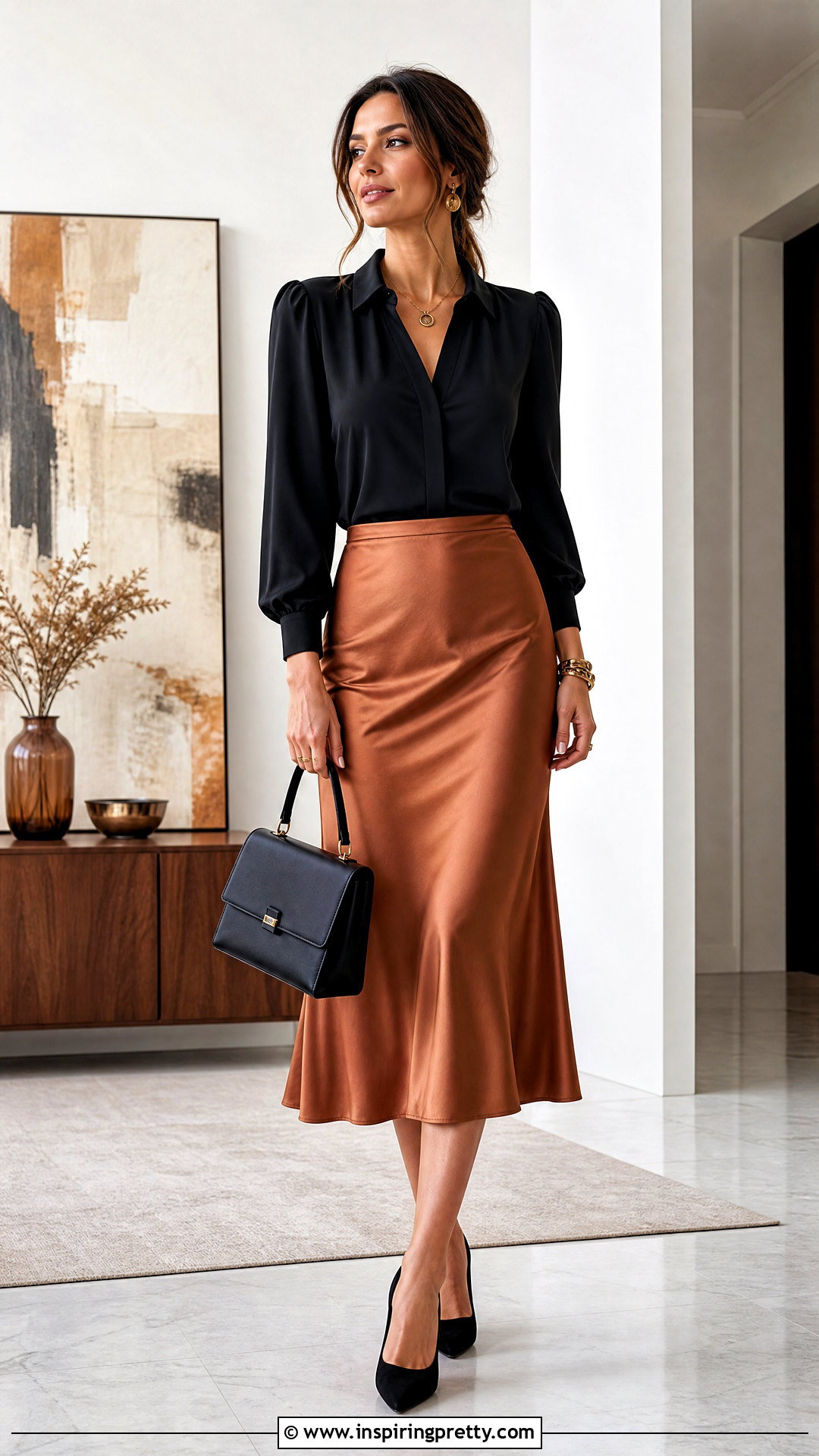 Copper Satin Skirt And Black Blouse Outfit - 50 satin skirt and top outfit ideas