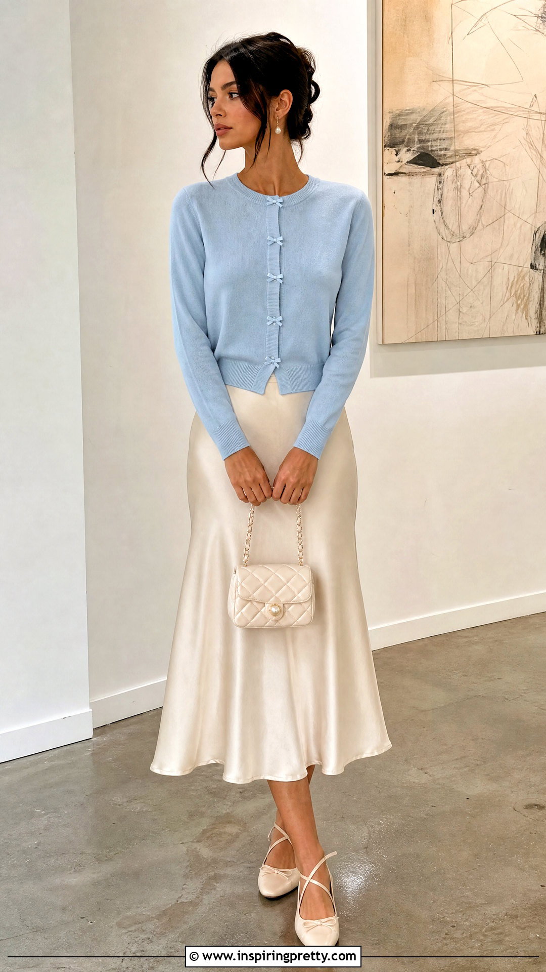 Coquette Bow Cardigan With Satin Midi Skirt - 25 coquette style tops outfit ideas