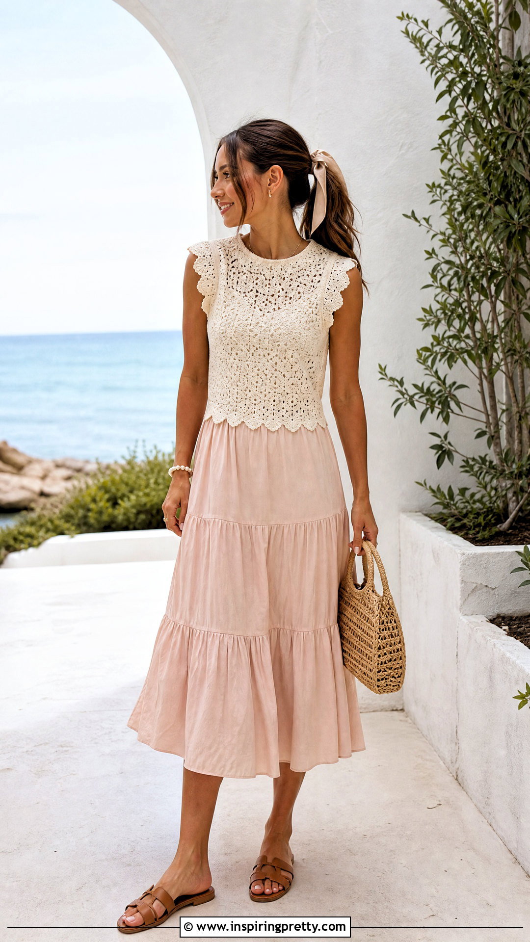 Coquette Crochet Top With Tiered Midi Skirt - 25 coquette style tops outfit ideas