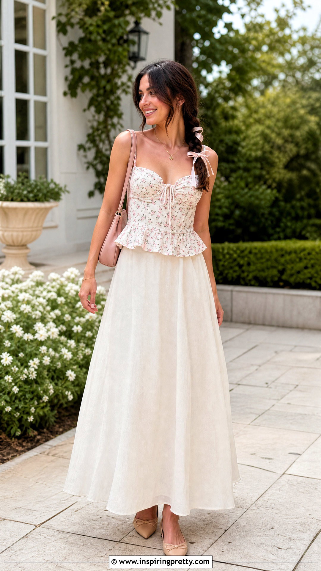 Coquette Floral Peplum Top With Maxi Skirt - 25 coquette style tops outfit ideas