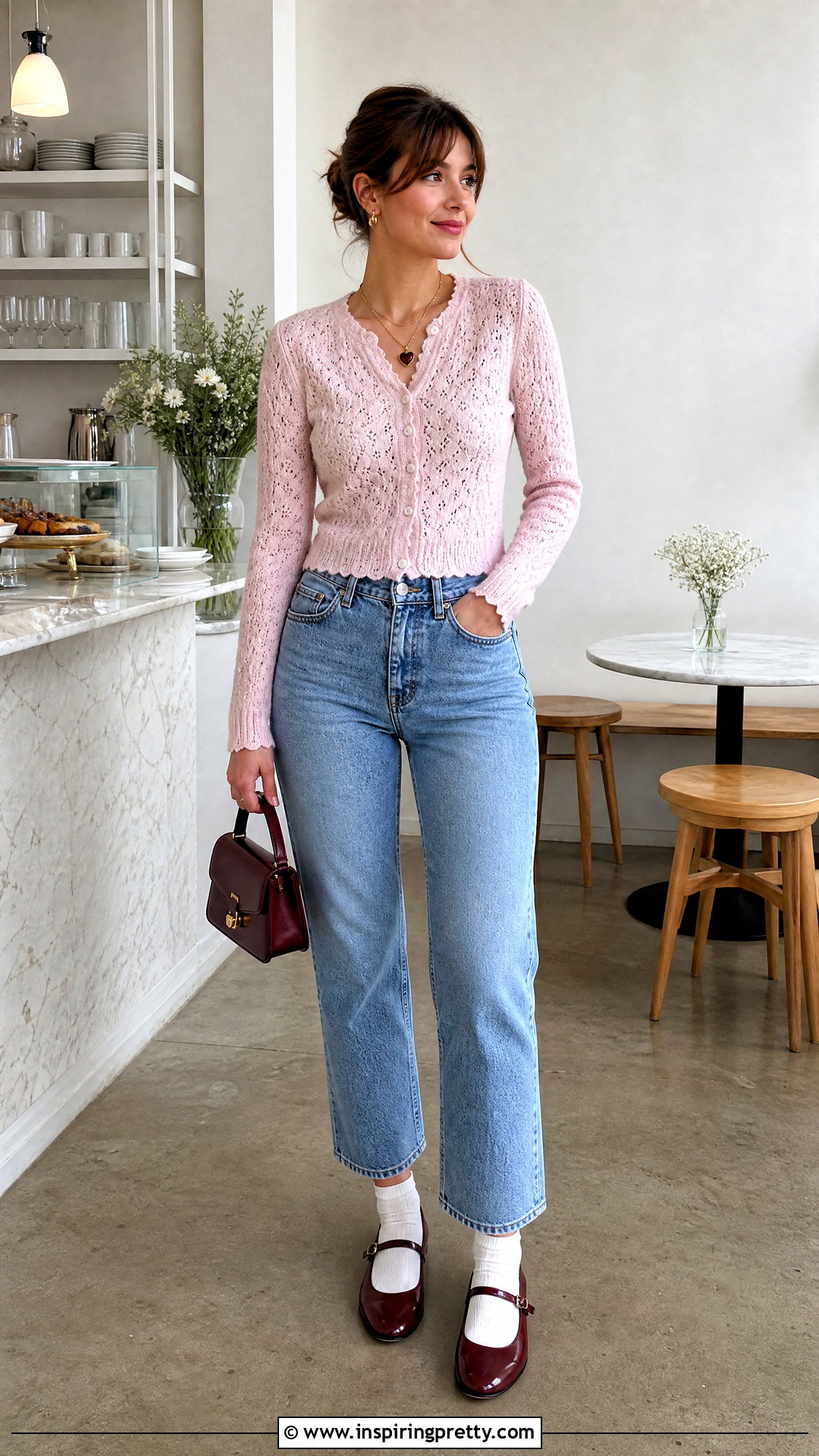 Coquette Pointelle Cardigan With Straight Leg Jeans - 25 coquette style tops outfit ideas