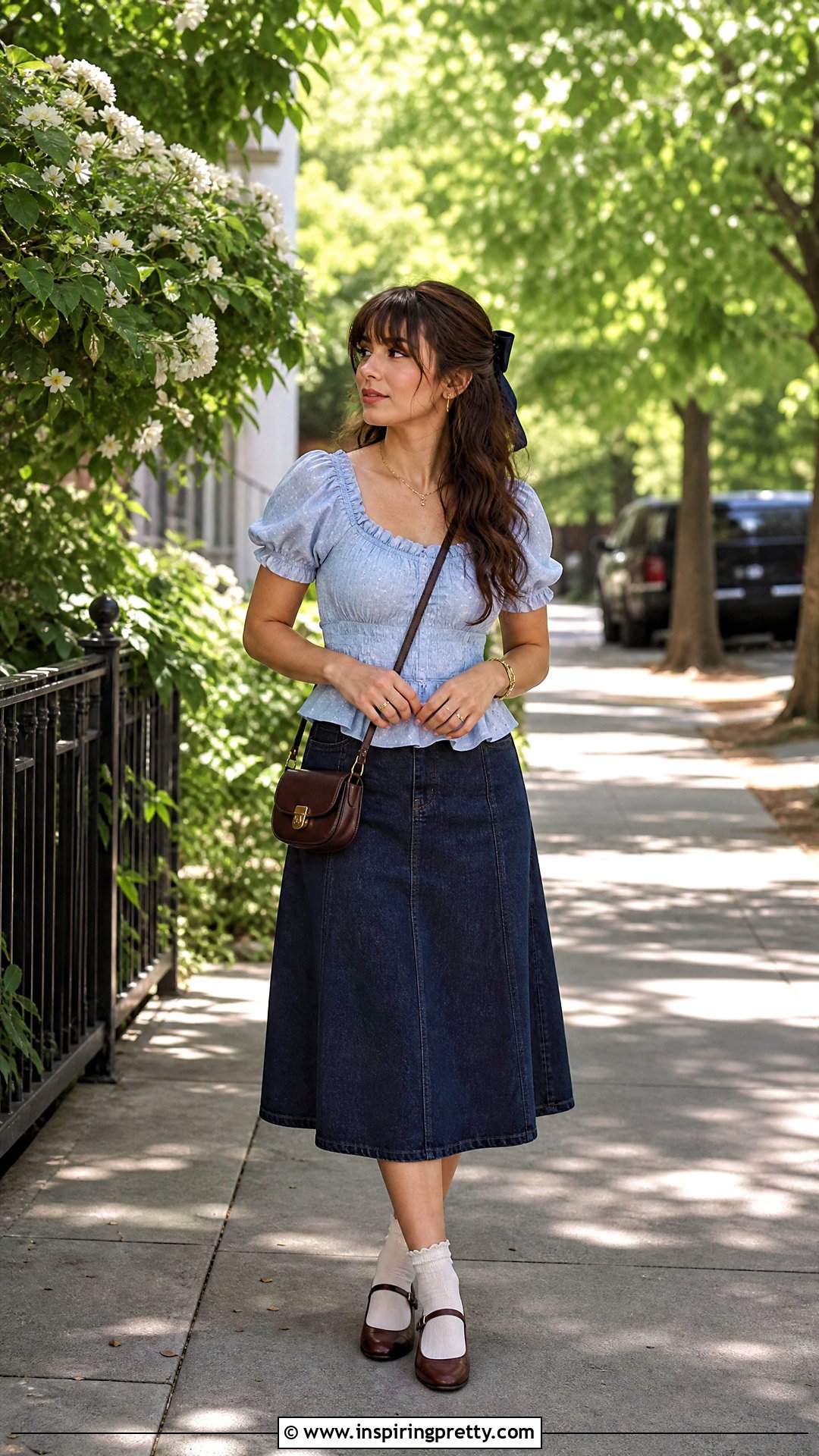 Coquette Puff Sleeve Top With Denim Midi Skirt - 25 coquette style tops outfit ideas