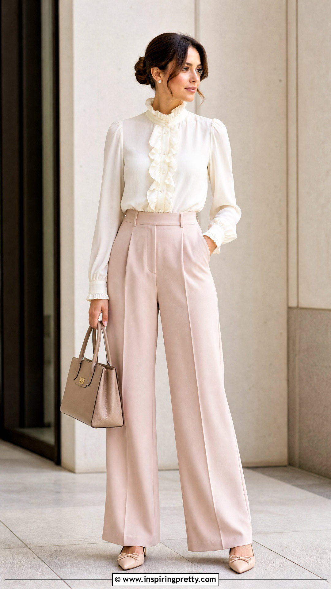 Coquette Ruffle Blouse With Tailored Trousers - 25 coquette style tops outfit ideas