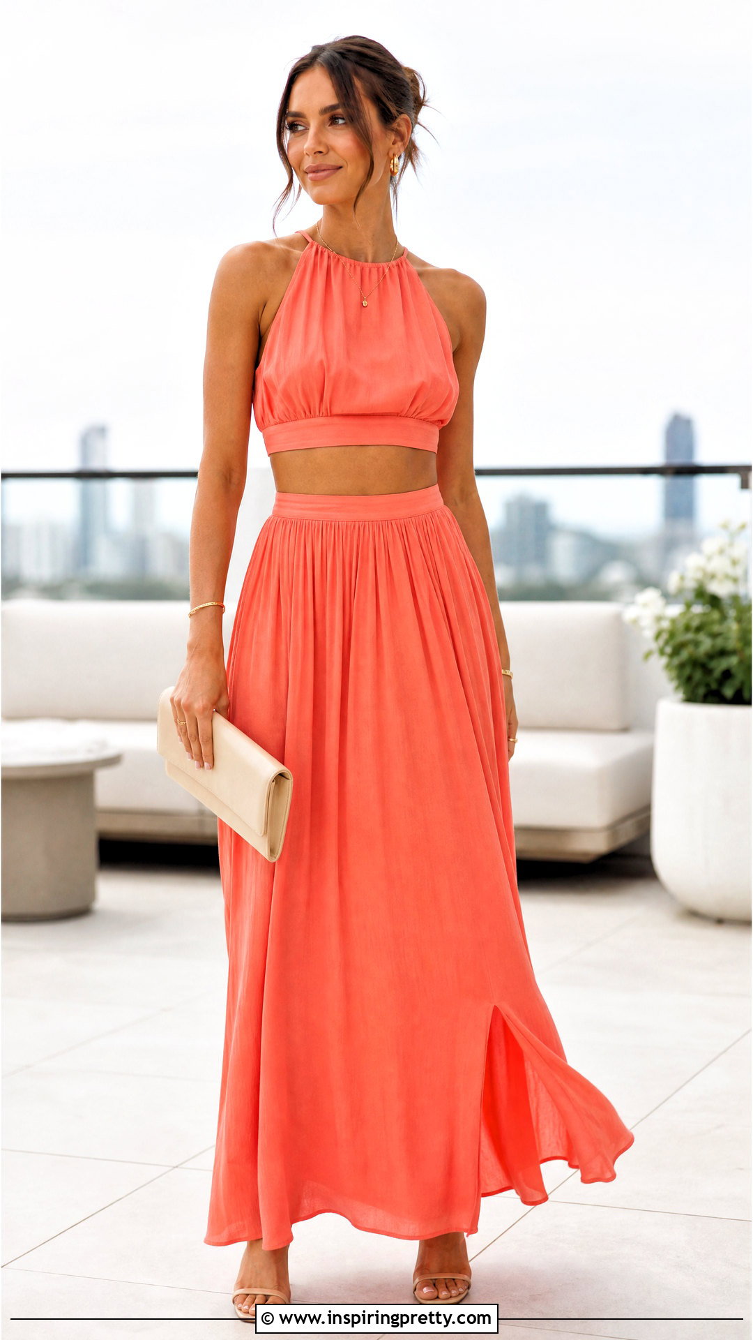 Coral Crop Top With Matching Maxi Skirt - 25 coral crop top outfit ideas