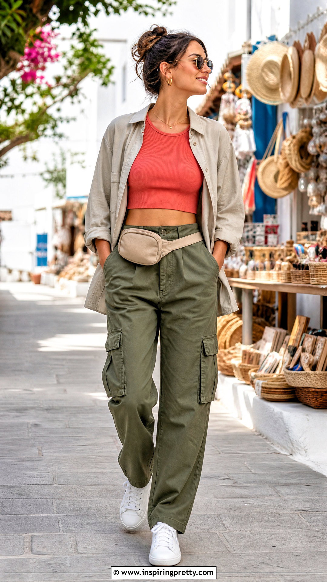 Coral Crop Top With Olive Cargo Pants - 25 coral crop top outfit ideas