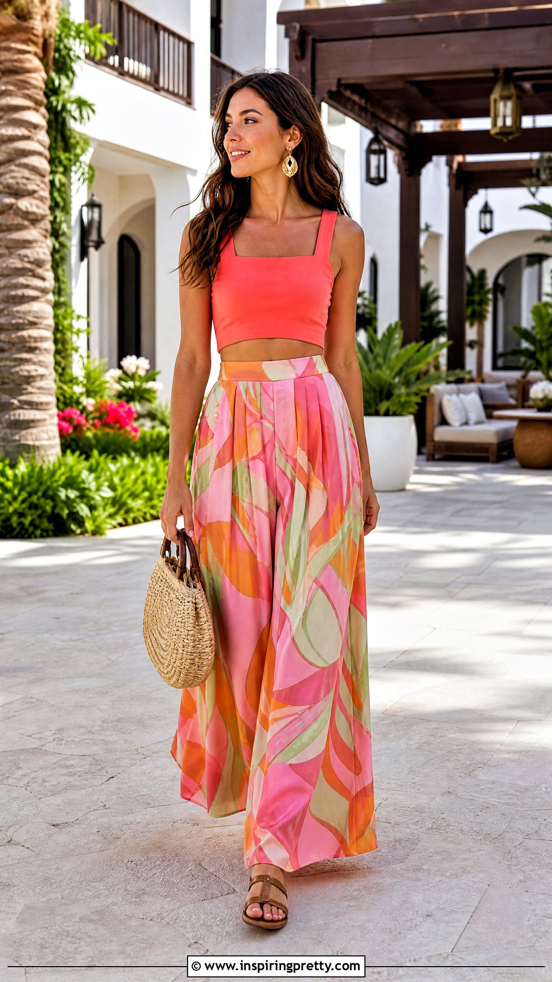 Coral Crop Top With Printed Palazzo Pants - 20 bright summer crop top outfit ideas