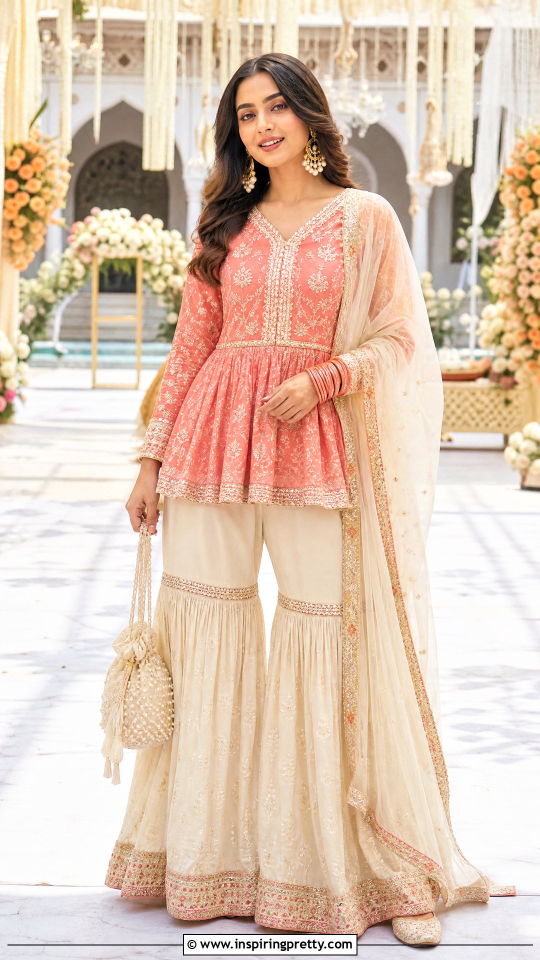 Coral Indian Peplum Top With Ivory Gharara - 50 indian peplum top outfits