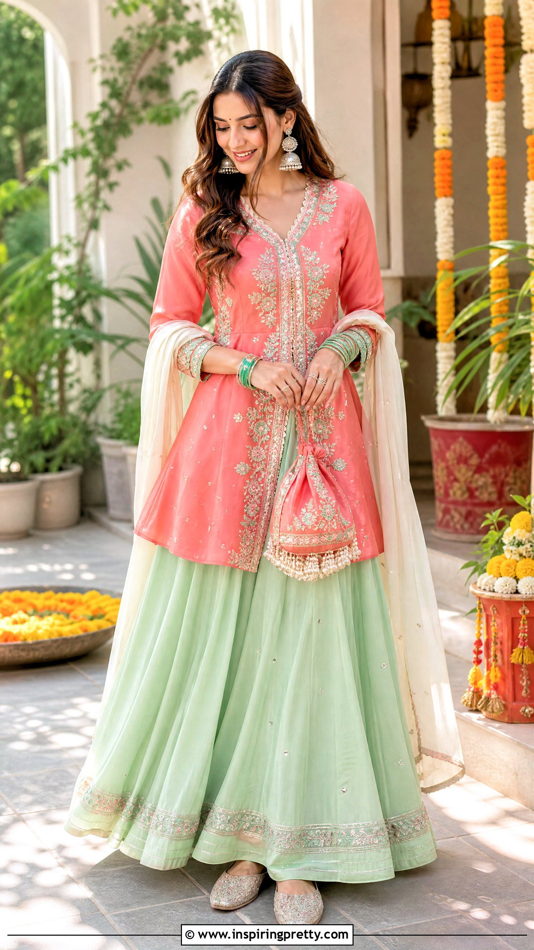 Coral Kediyu With Mint Green Skirt - 50 Kediyu Top For Navratri outfit ideas