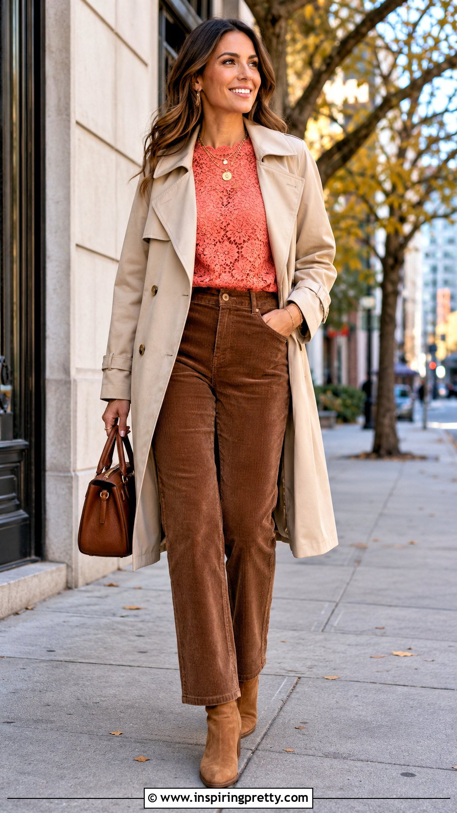 Coral Lace Top With Brown Corduroy Pants - 25 coral lace top outfit ideas