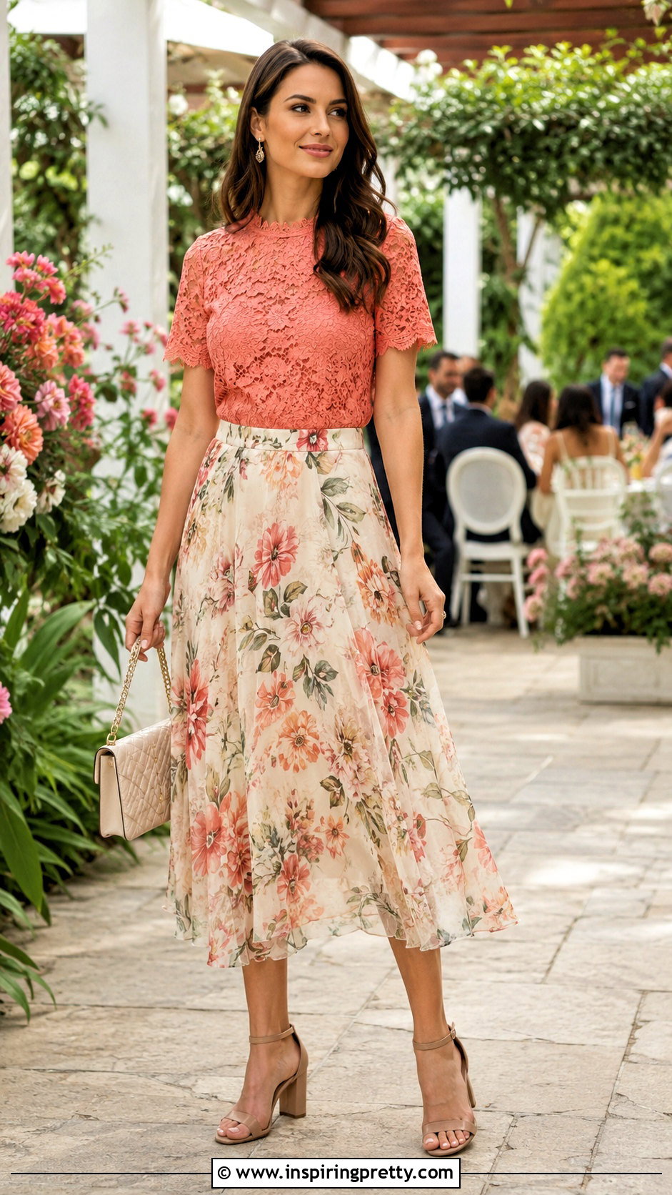 Coral Lace Top With Floral Midi Skirt - 25 coral lace top outfit ideas
