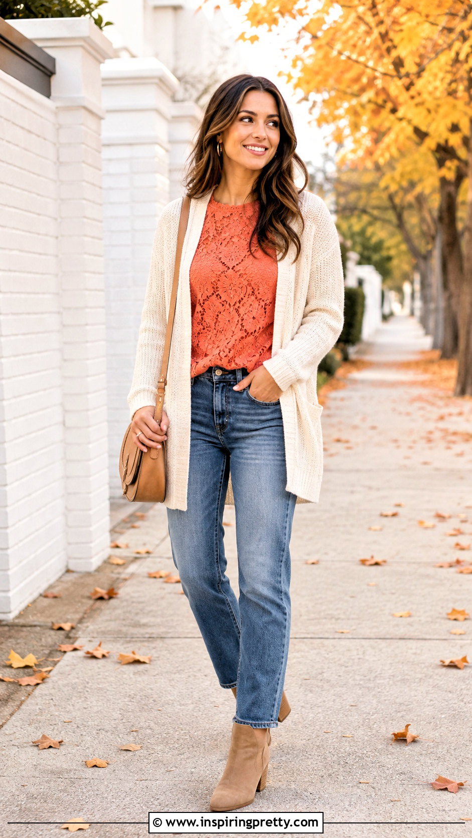 Coral Lace Top With Straight Jeans And Cardigan - 25 coral lace top outfit ideas