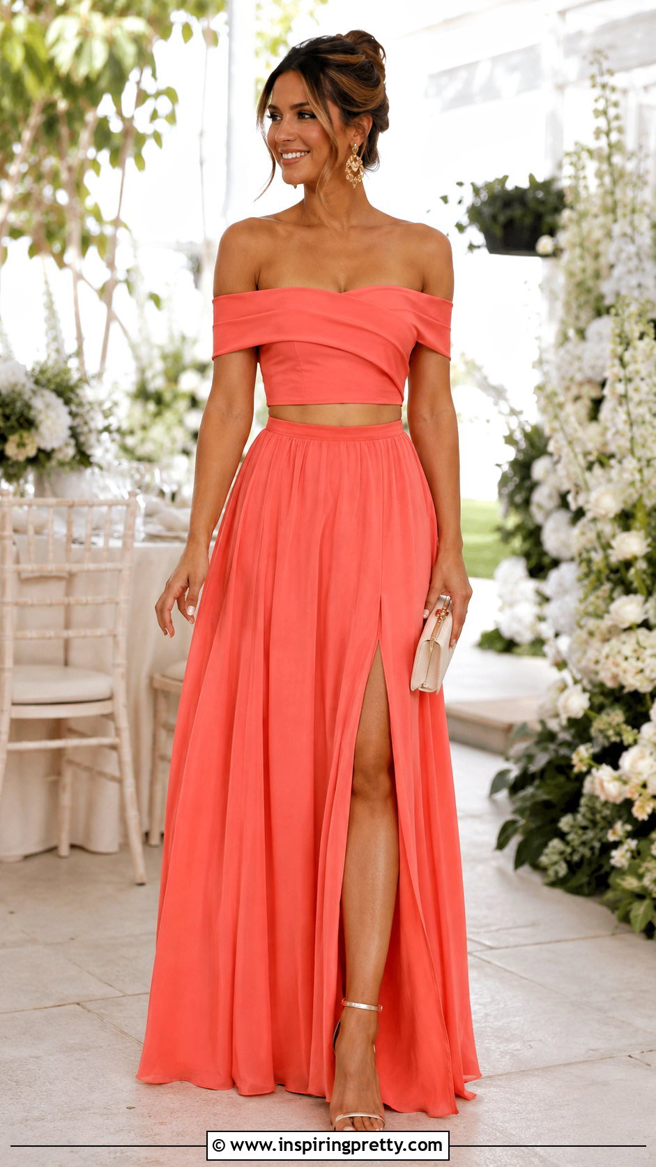 Coral Off The Shoulder Top With A Matching Maxi Skirt - 20 coral off the shoulder top outfit ideas