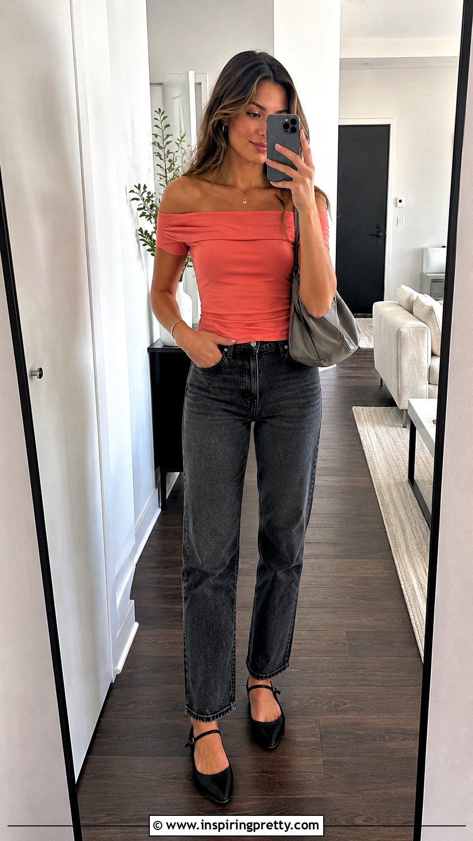 Coral Off The Shoulder Top With Gray Jeans - 20 coral off the shoulder top outfit ideas