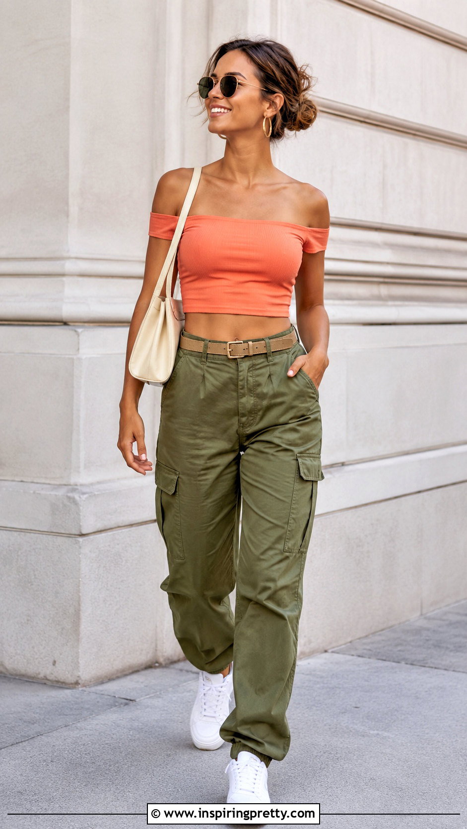 Coral Off The Shoulder Top With Olive Cargo Pants - 20 coral off the shoulder top outfit ideas