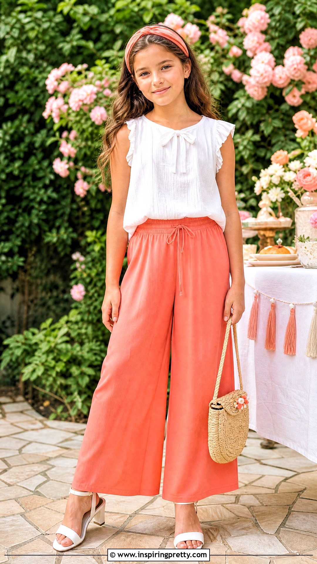 Coral Palazzo With White Bow Top - 50 kids plazo with tops