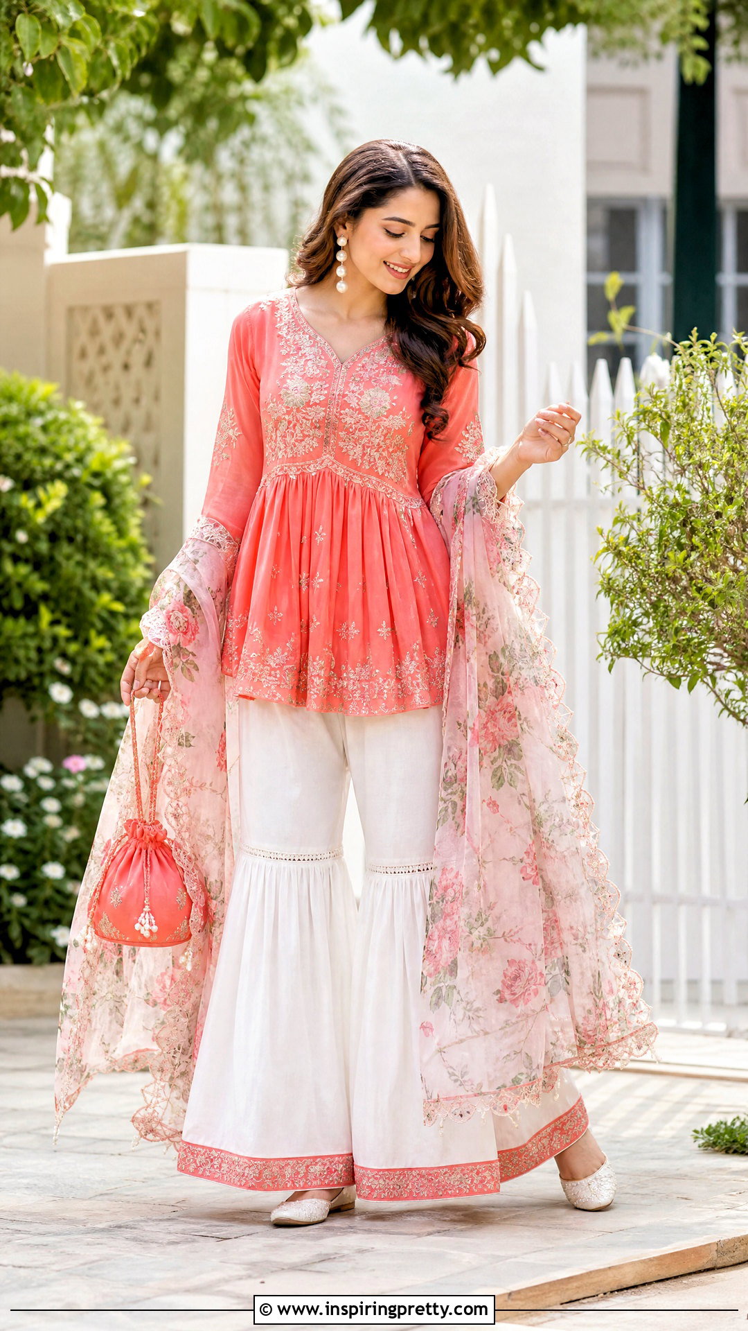 Coral Peplum Top With White Sharara - 50 peplum top with sharara outfit ideas