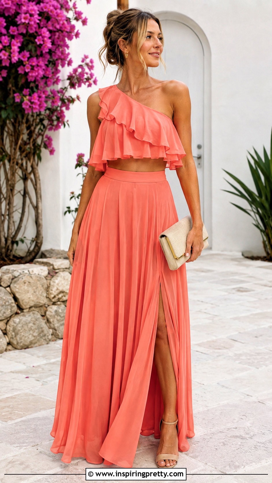 Coral Ruffle Crop Top Bridesmaid Dress - 25 Crop Top Bridesmaid Dress outfit ideas