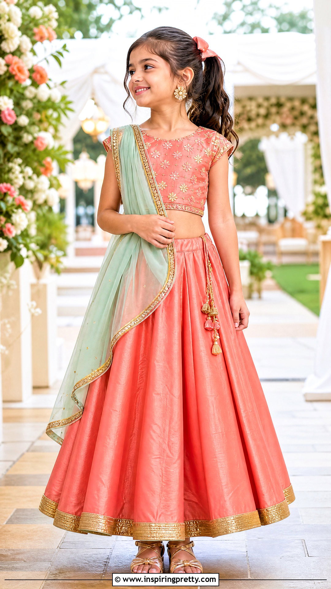 Coral Silk Kids Crop Top Lehenga - 50 kids crop top lehenga designs