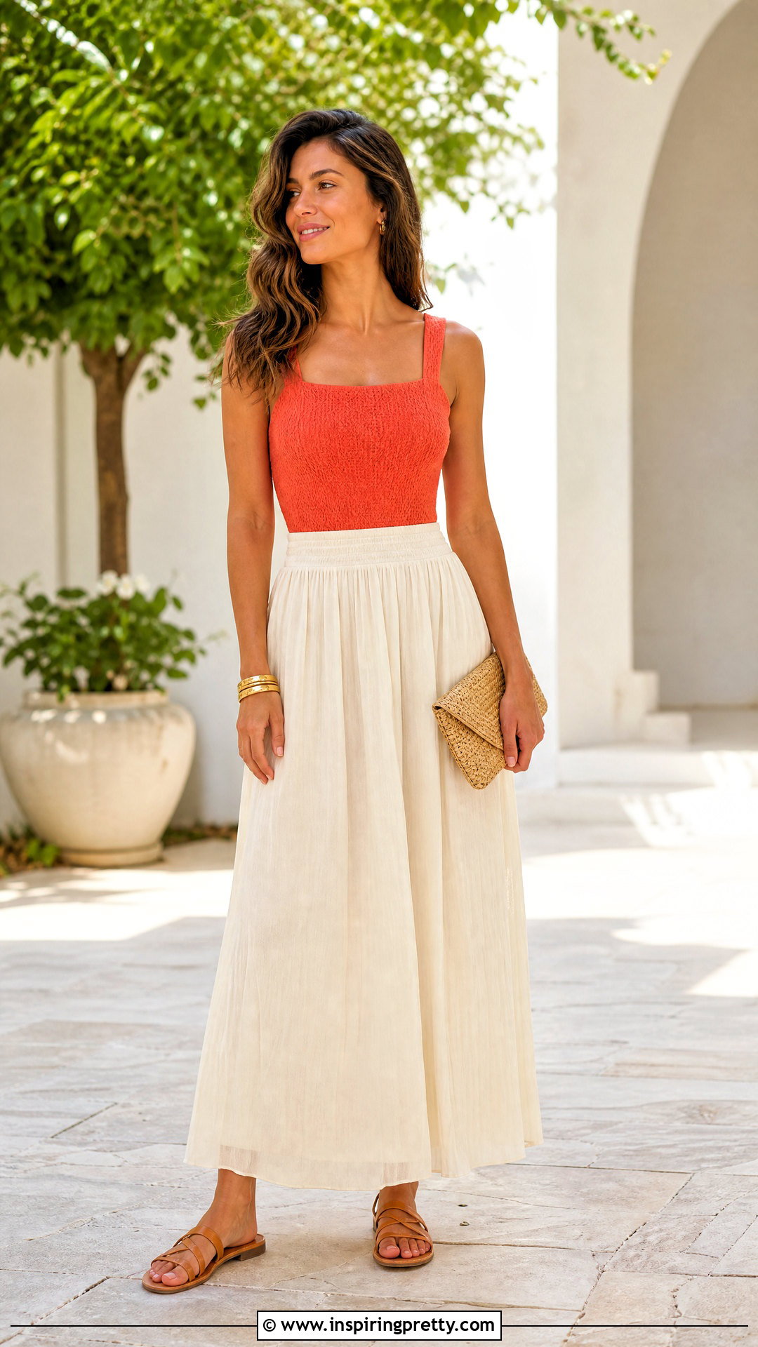Coral Top With Cream Maxi Skirt - how to style coral tops (20 ways)