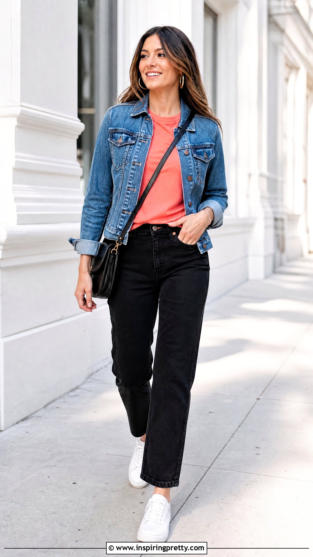 Coral Top With Denim Jacket And Black Jeans - how to style coral tops (20 ways)