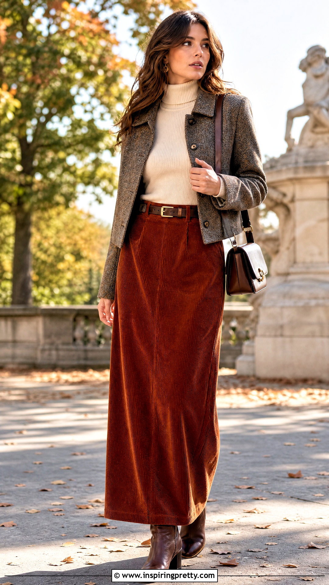 Corduroy Long Skirt With Turtleneck Top - 50 long skirt top designs