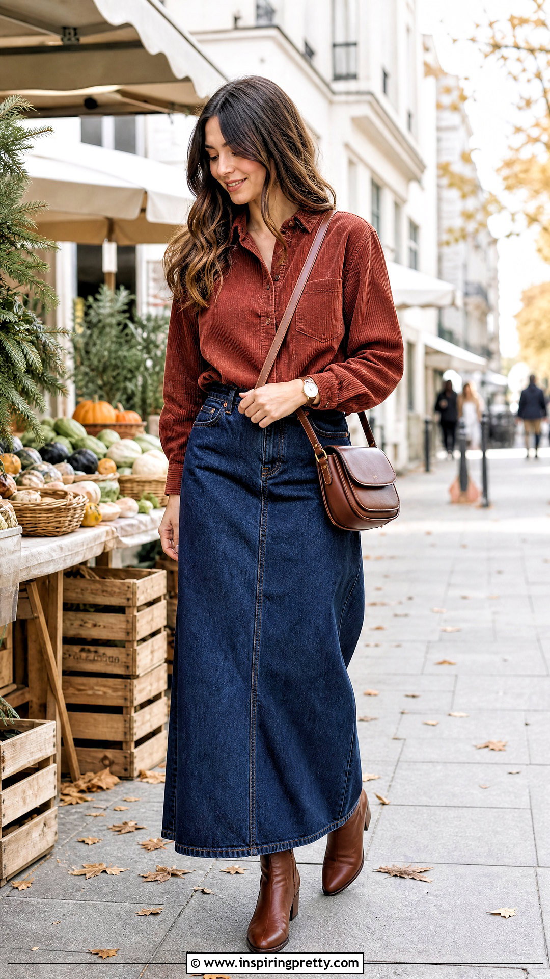 Corduroy Modest Shirt With Denim Maxi Skirt - 50 modest tops for women