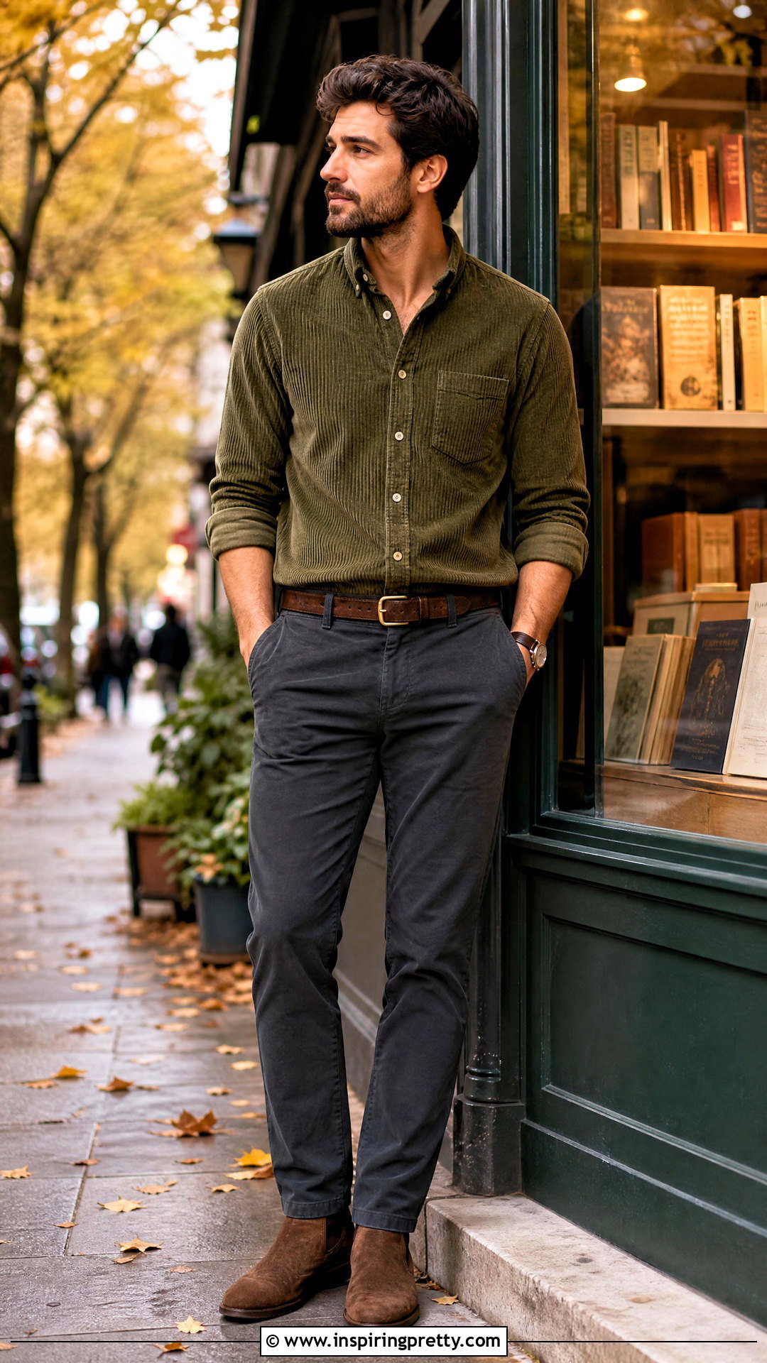 Corduroy Shirt With Dark Chinos - 50 mens tops outfit ideas