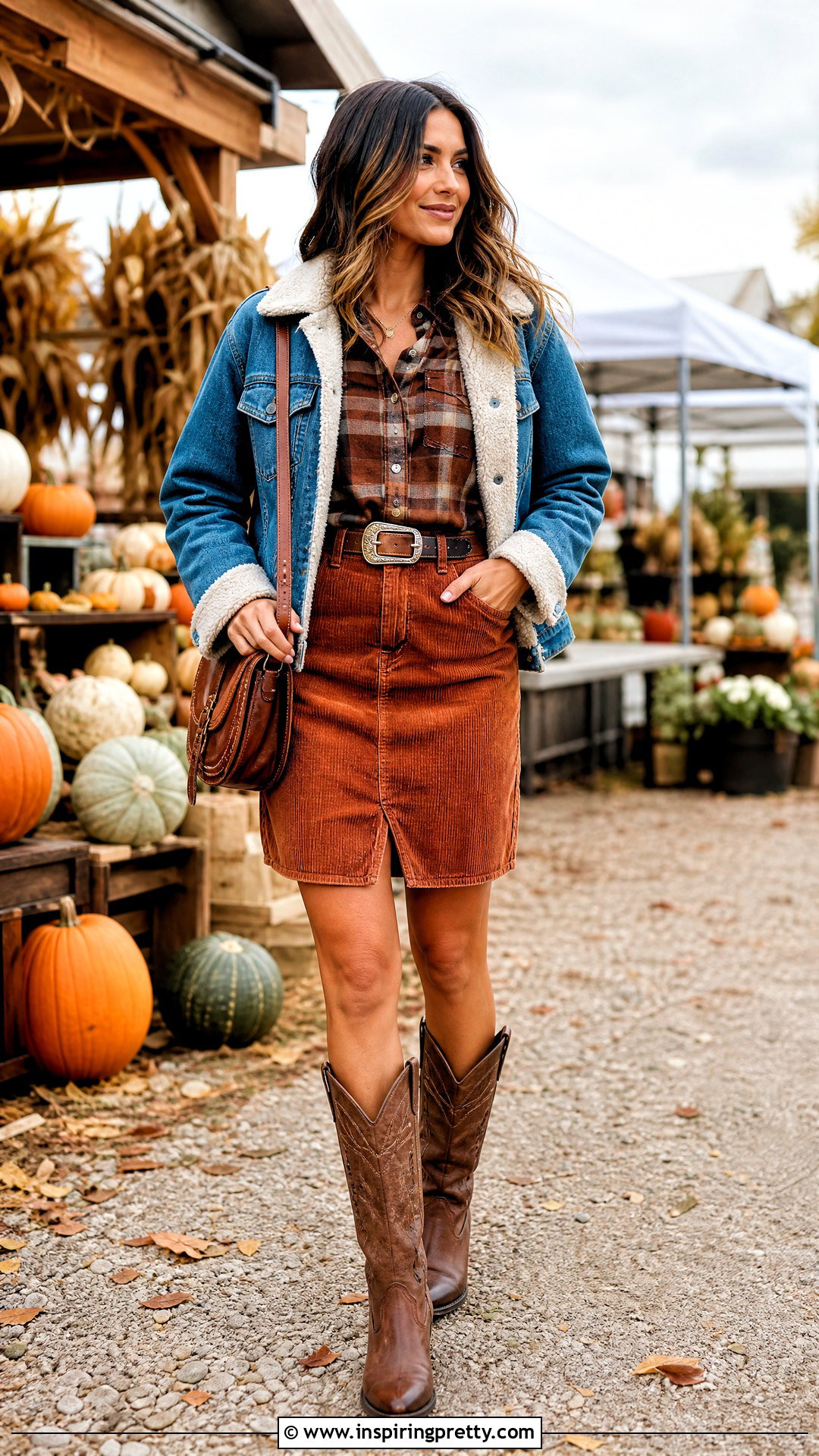 Corduroy Western Skirt And Plaid Shirt - 50 western skirt and top outfit ideas