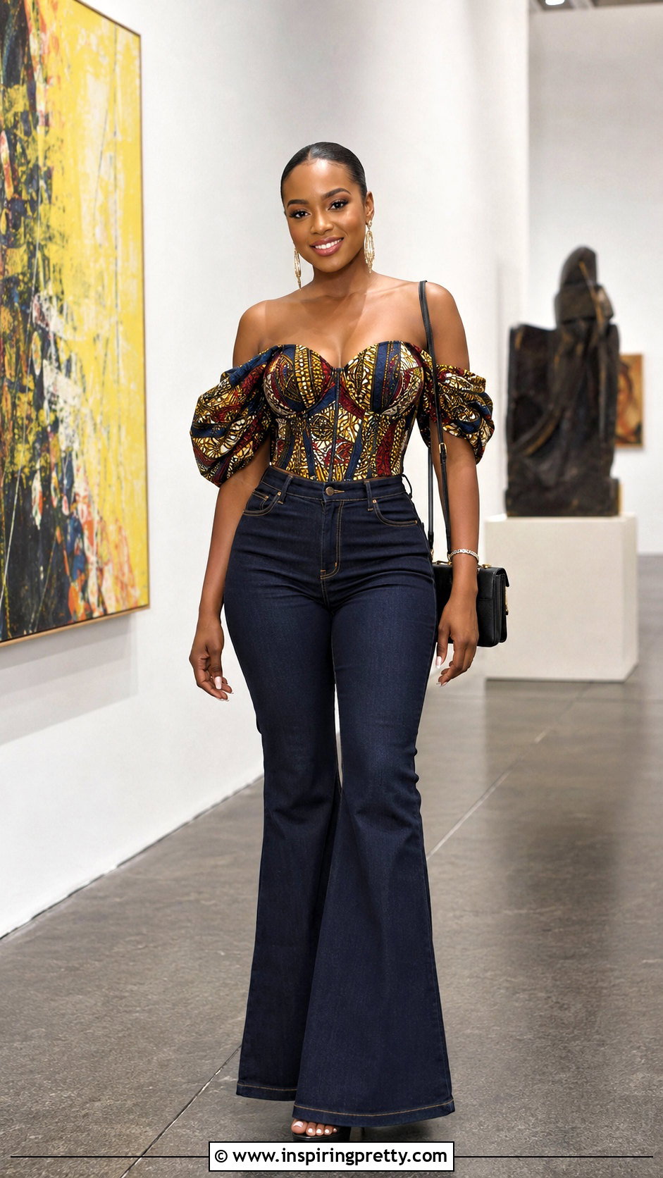 Corset Ankara Off Shoulder Top With Flare Jeans - 20 ankara tops with jeans off shoulder outfits