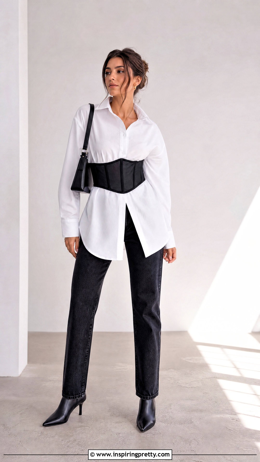 Corset Belt Over White Button Down Shirt - 50 belt top outfit ideas