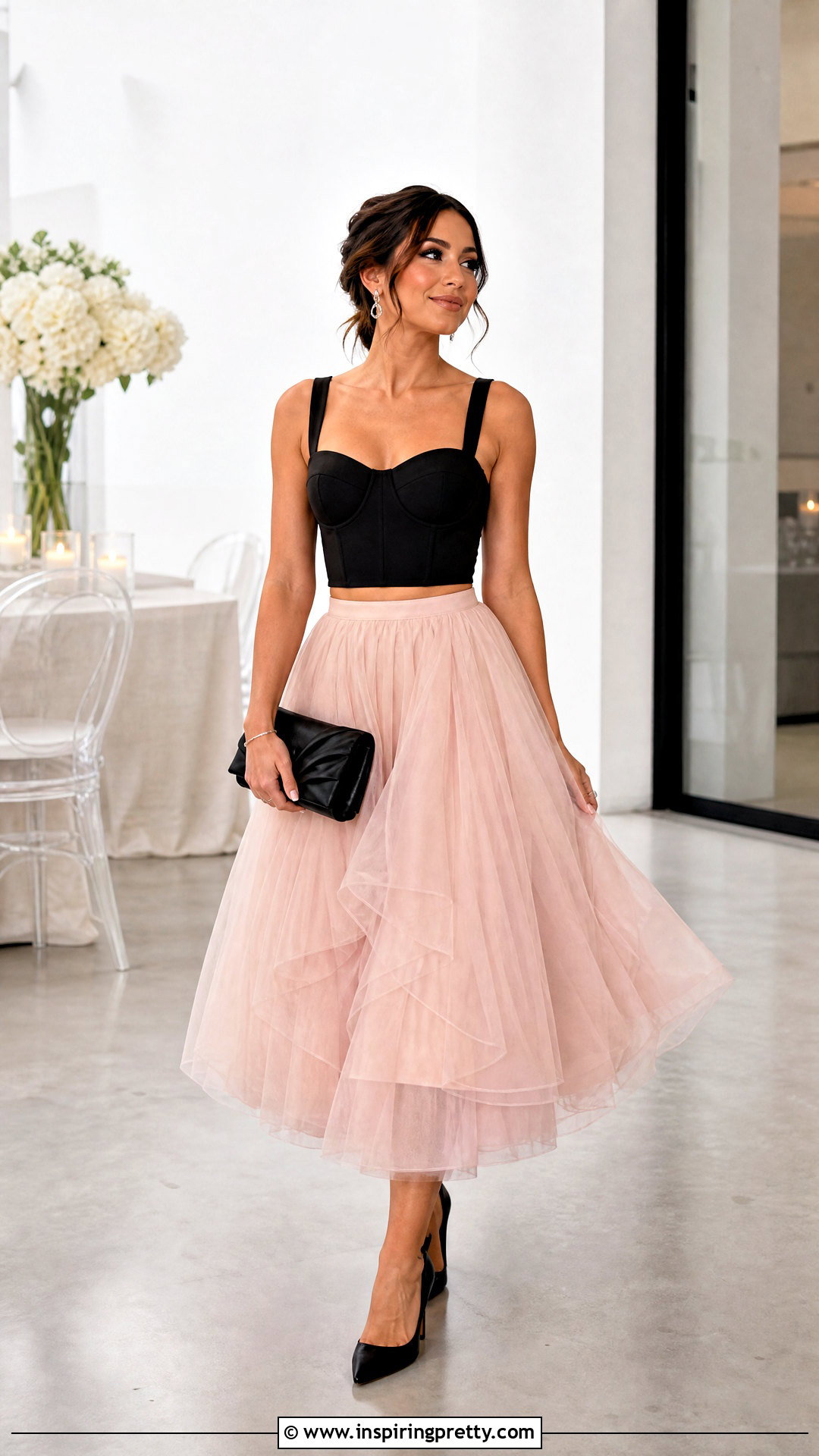 Corset Crop Top With Tulle Midi Skirt - 20 crop top and midi skirt outfit ideas