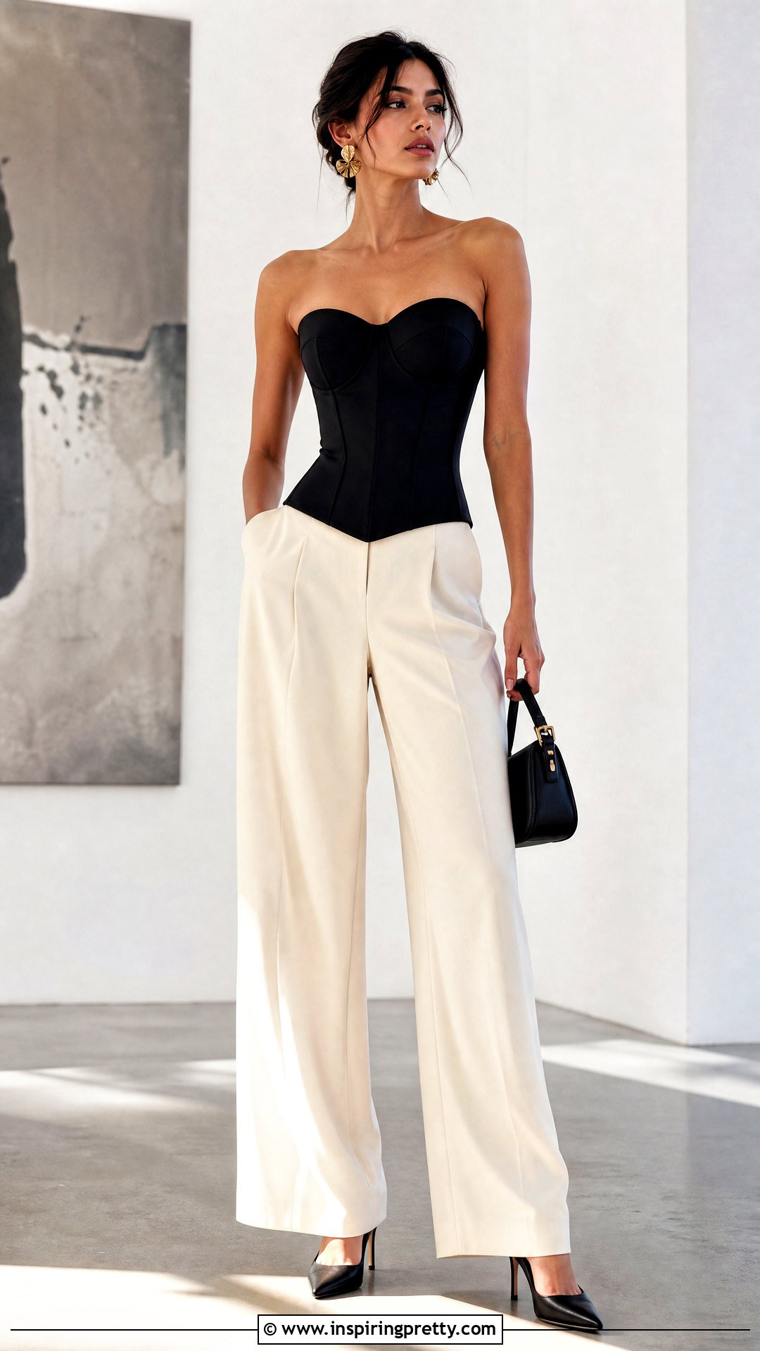 Corset Inspired Top With Wide Leg Trousers - 50 cute tops aesthetic ideas