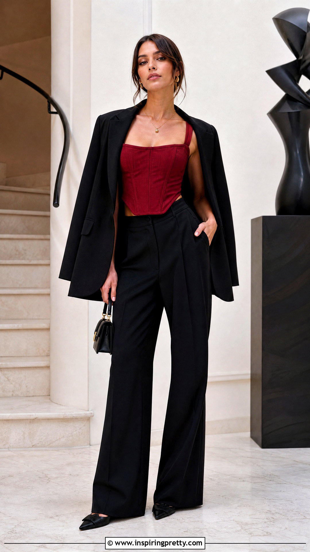 Corset Short Top With Relaxed Trousers - 50 short tops outfit ideas