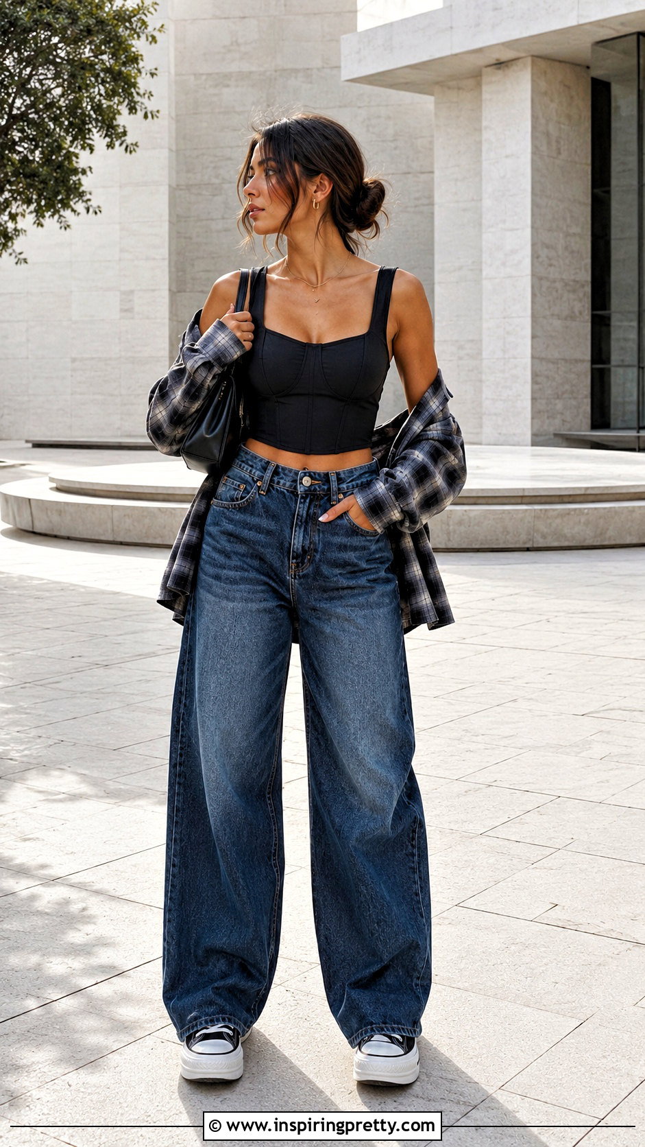 Corset Style Crop Top Flannel and Wide Jeans - 25 crop top flannel outfits jeans